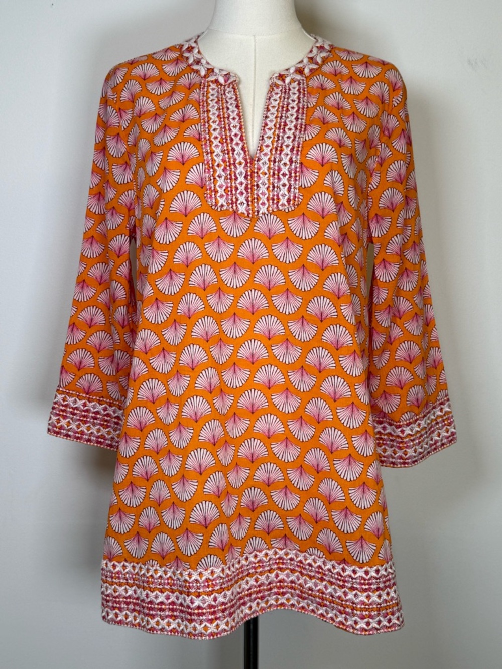 Sigrid Olsen 100% Cotton Tunic Top Embroidered Detail 3/4 Sleeve Women’s Small
